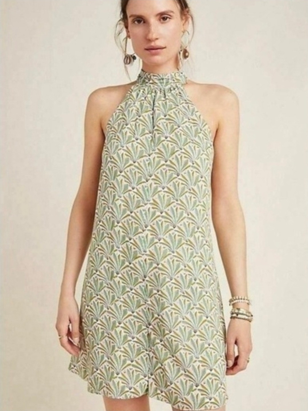 Anthropologie Light Green Halter Romper with Fan Print